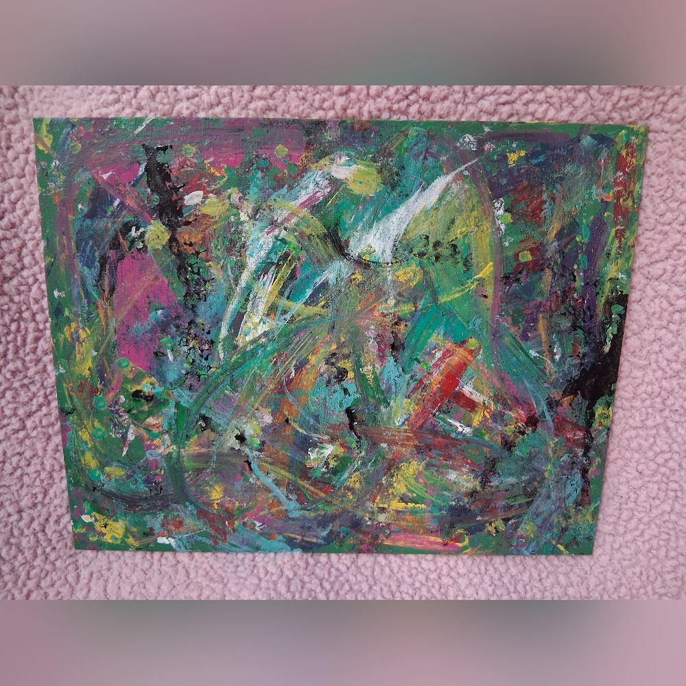 Original Abstract Green and Pink Canvas Art 11x14